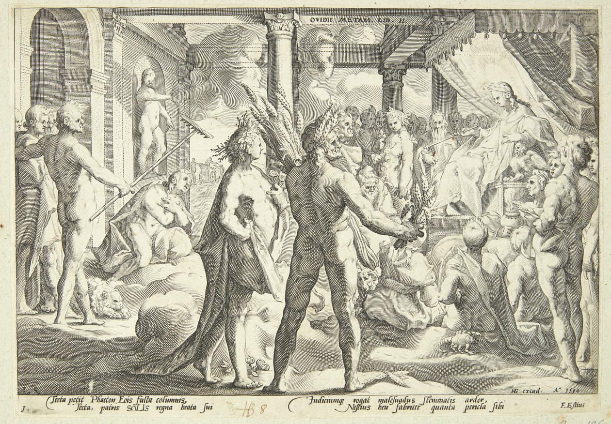 Phaeton ber om solvognen av Hendrick Goltzius