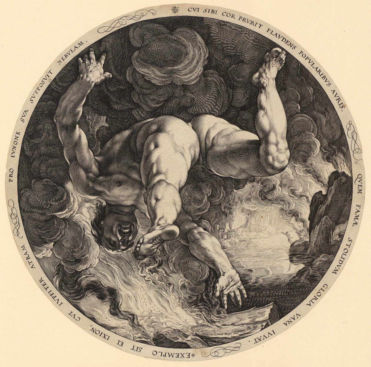 Ixions fall, side 4 i serien «De fire himmelstormerne» av Hendrick Goltzius