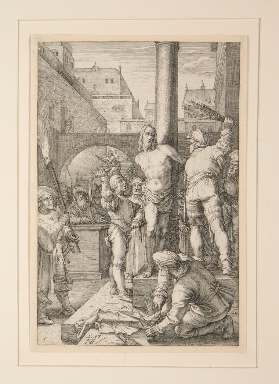 Flagellation of Christ, fra The Passion, #6 i en serie med 12 graveringer av Hendrick Goltzius