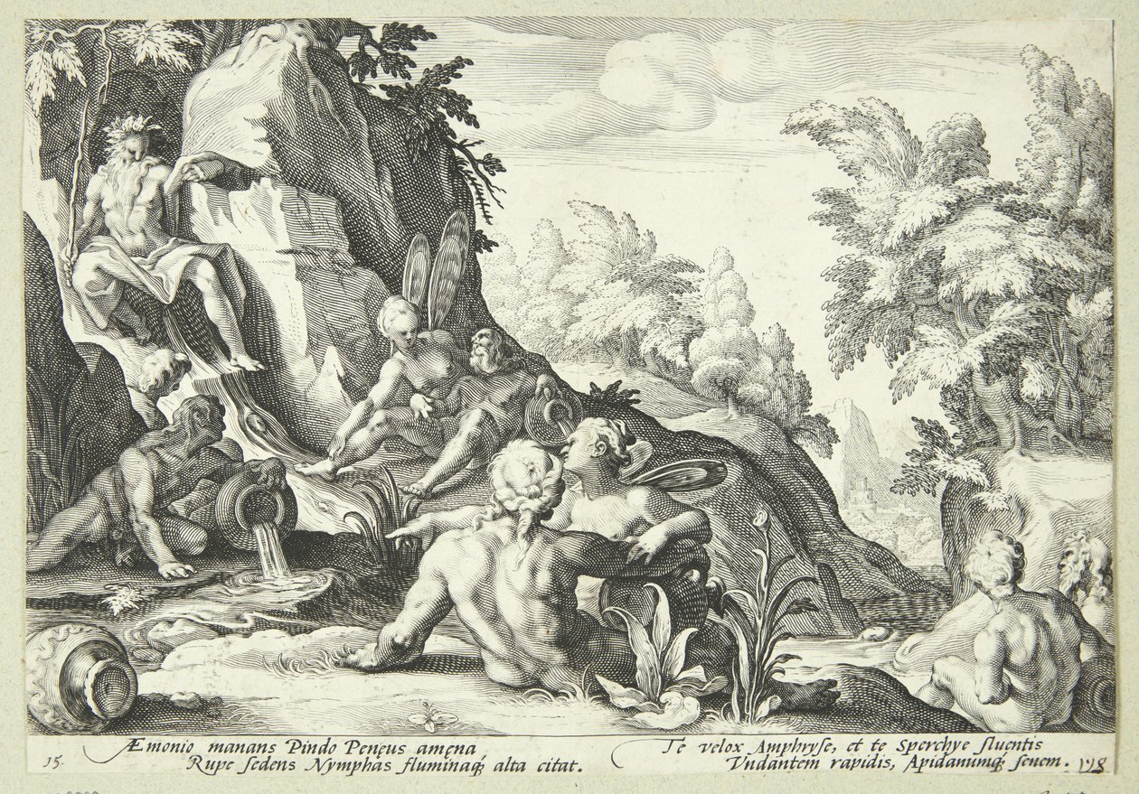 Elveguden Peneus omgitt av andre guddommelige skikkelser av Hendrick Goltzius