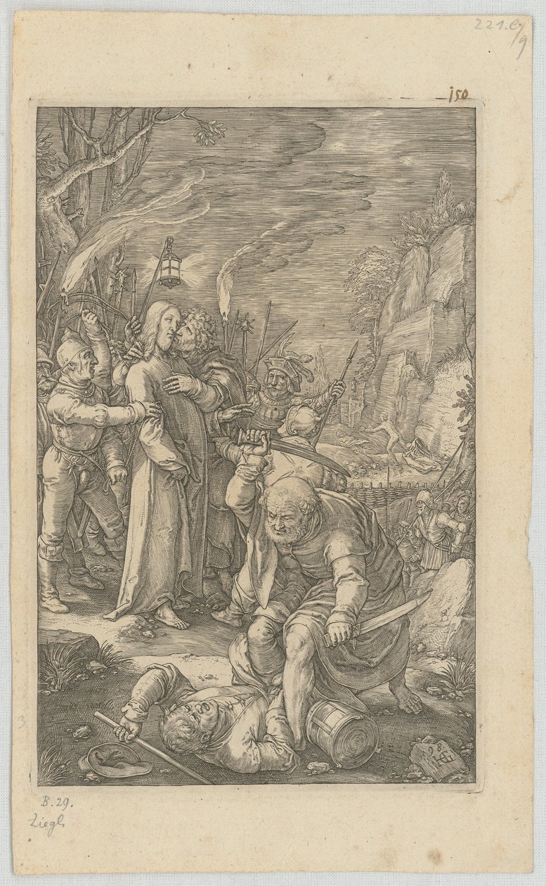 Kristi arrestasjon, blad 3 fra serien «Pasjonen» av Hendrick Goltzius