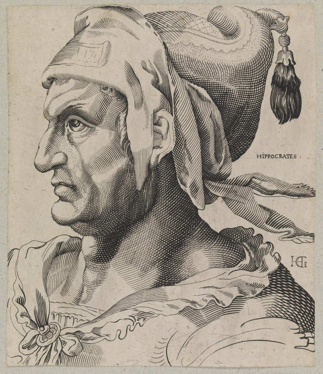 Hippokrates. Byste av en mann i profil av Hendrick Goltzius