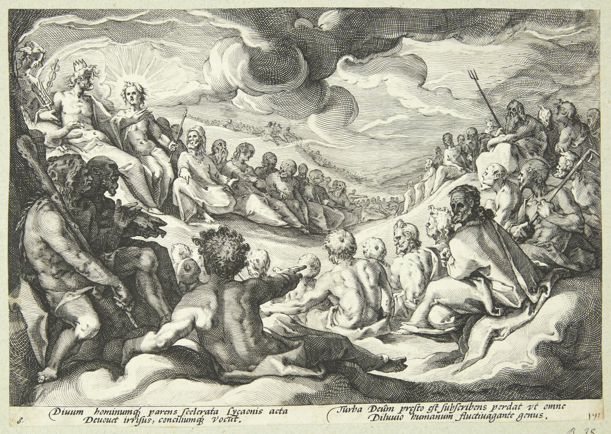 Jupiter rådfører seg med gudene om ødeleggelsen av universet av Hendrick Goltzius