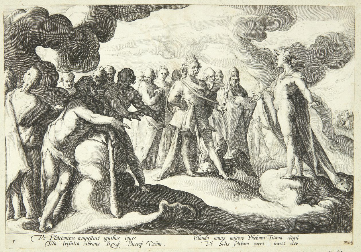 Jupiter og gudene ber Helios om å gjenoppta kontrollen over solvognen av Hendrick Goltzius