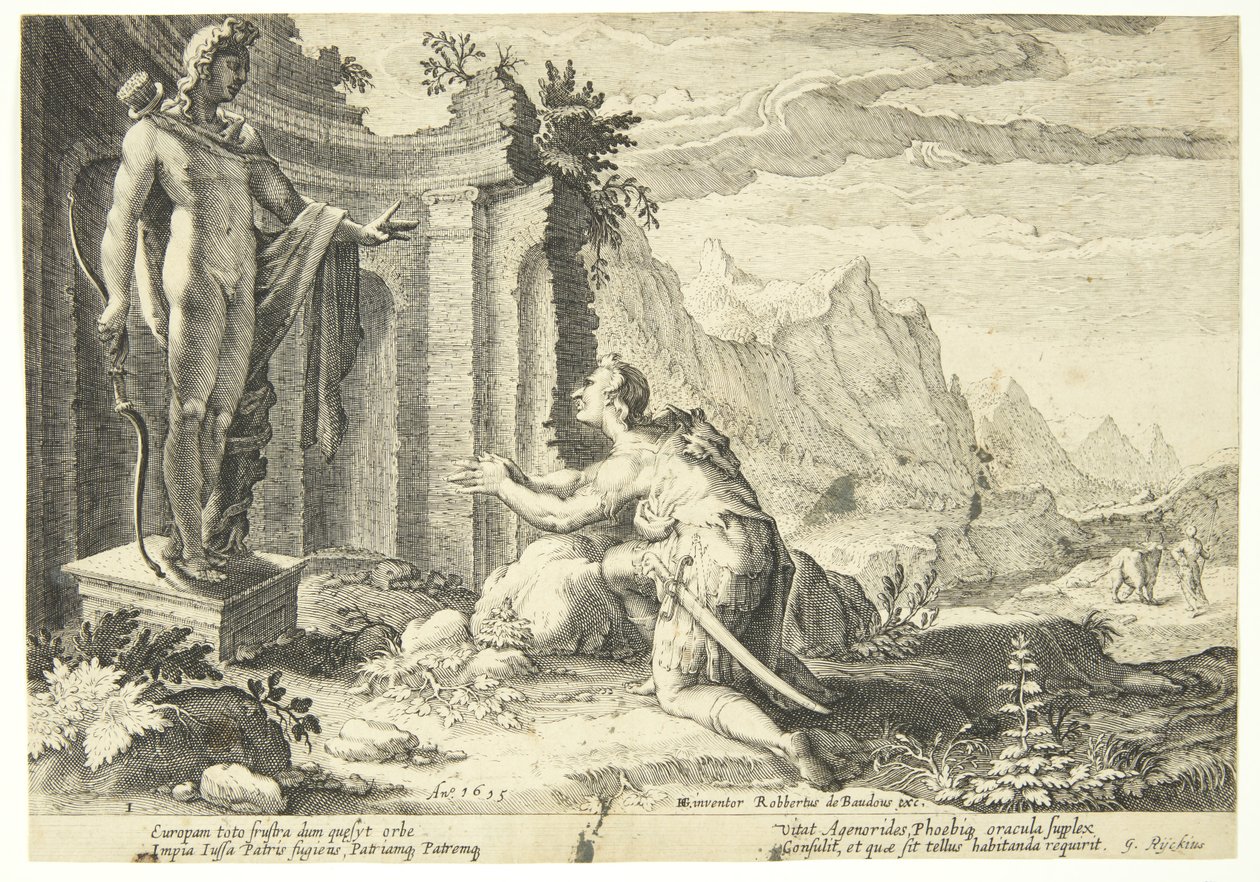Kadmos spør oraklet i Delphi hvor han kan finne søsteren Europa av Hendrick Goltzius