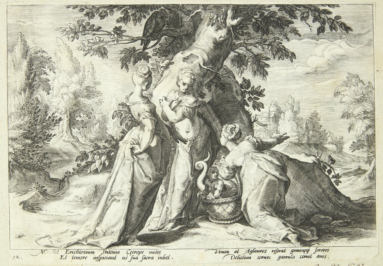 Kekrops døtre åpner kurven som Minerva har betrodd dem av Hendrick Goltzius