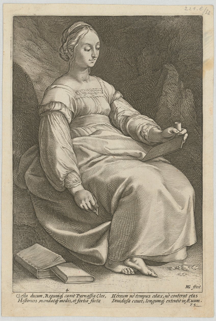 Klio, side 4 i serien «Ni muser» av Hendrick Goltzius