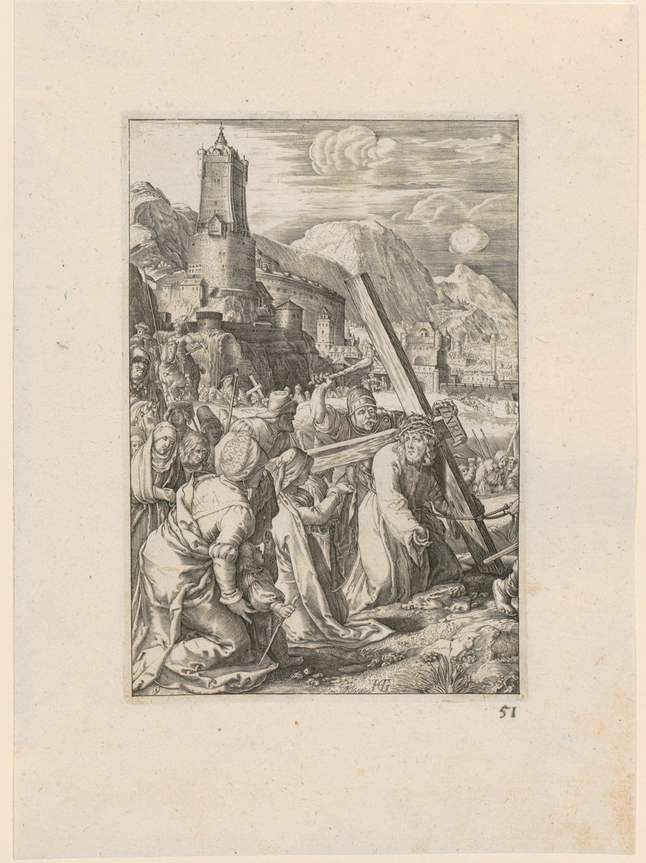 Korsbæringen, blad 9 i serien «Die Passion» av Hendrick Goltzius