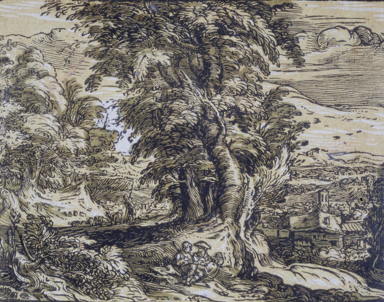 Landskap med trær og et gjeterpar av Hendrick Goltzius