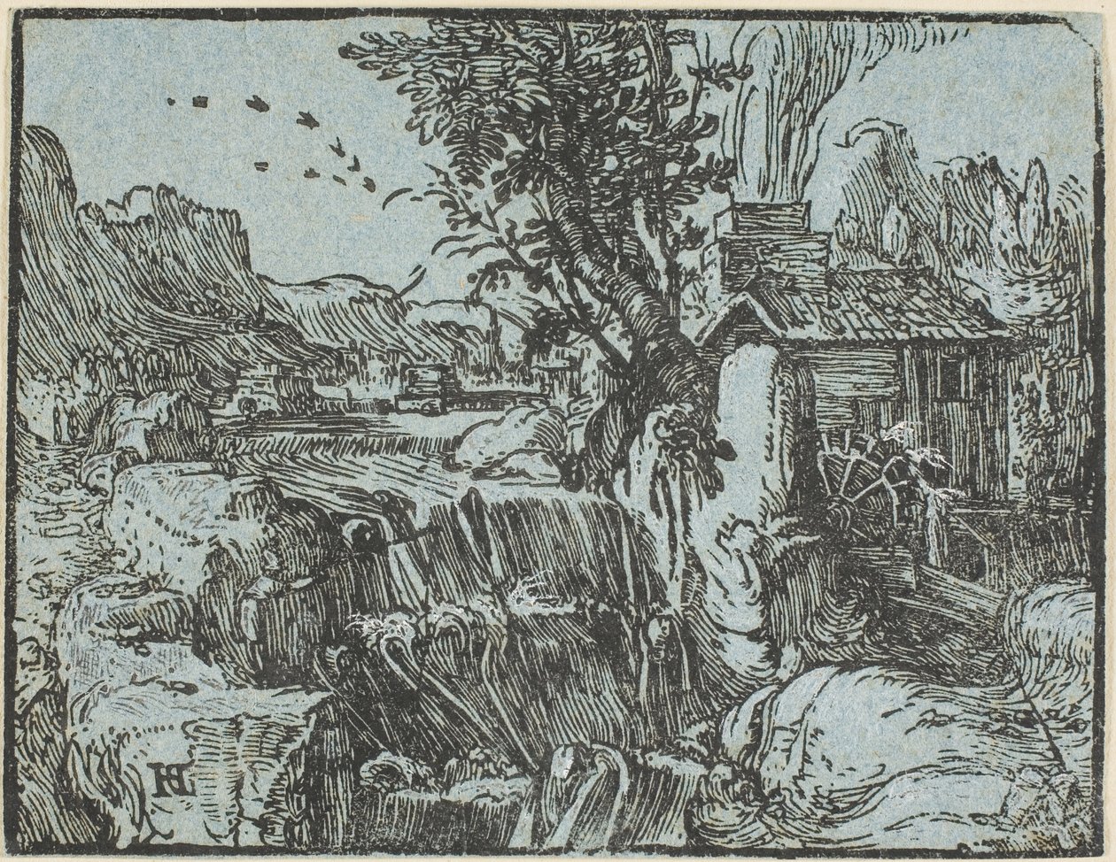 Landskap med en foss, fra Fire små landskap av Hendrick Goltzius