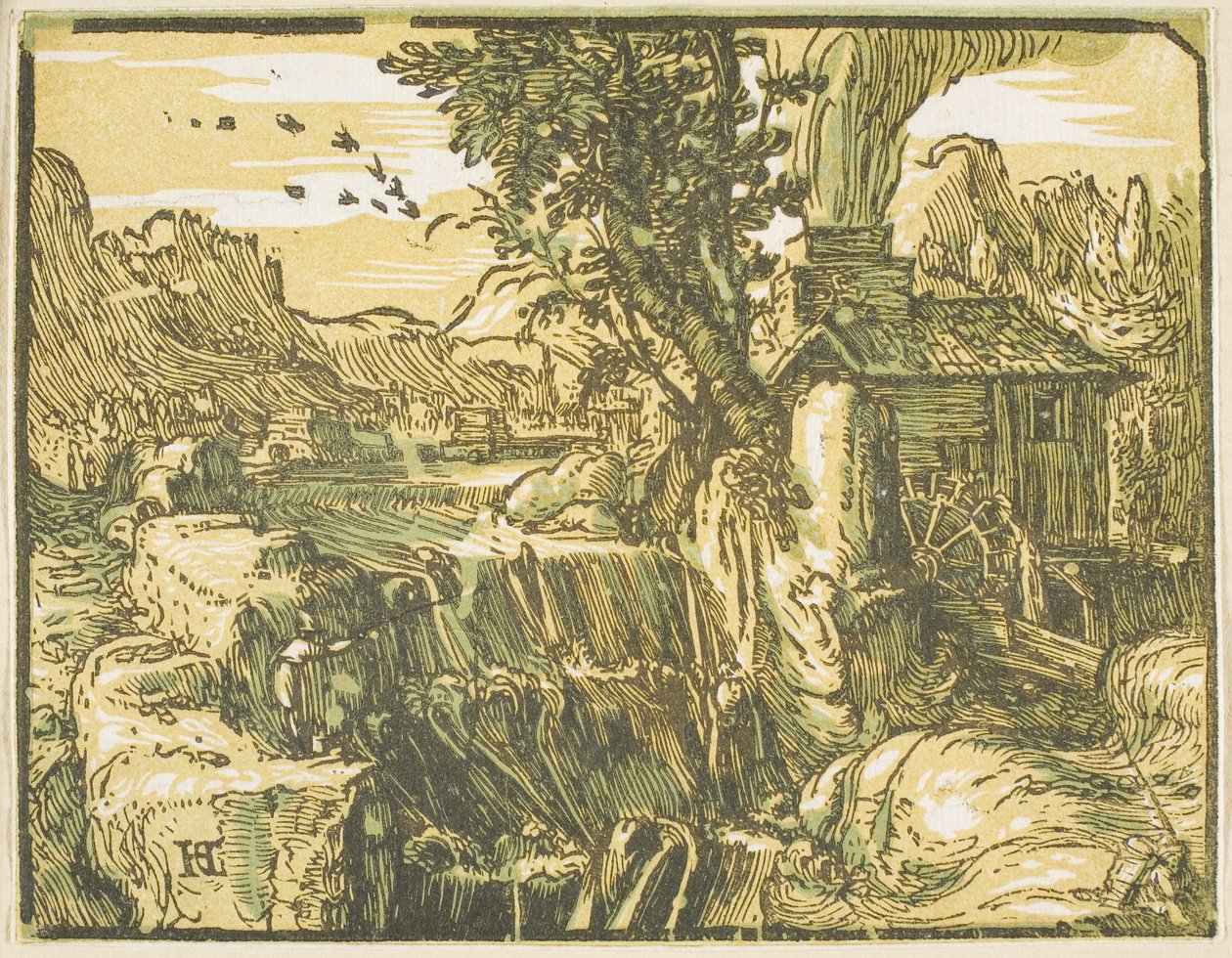 Landskap med en foss, fra Fire små landskap av Hendrick Goltzius