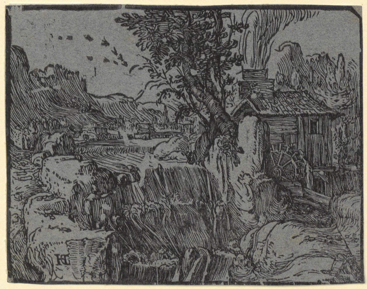 Landskap med foss og mølle, blad 1 i serien «Fire små landskaper» av Hendrick Goltzius