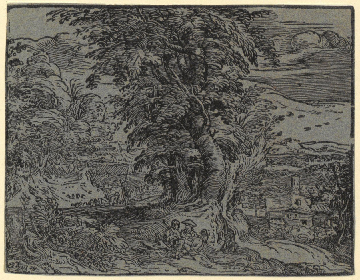 Landskap med sittende par og gjeter, blad 2 fra serien «Fire små landskap» av Hendrick Goltzius