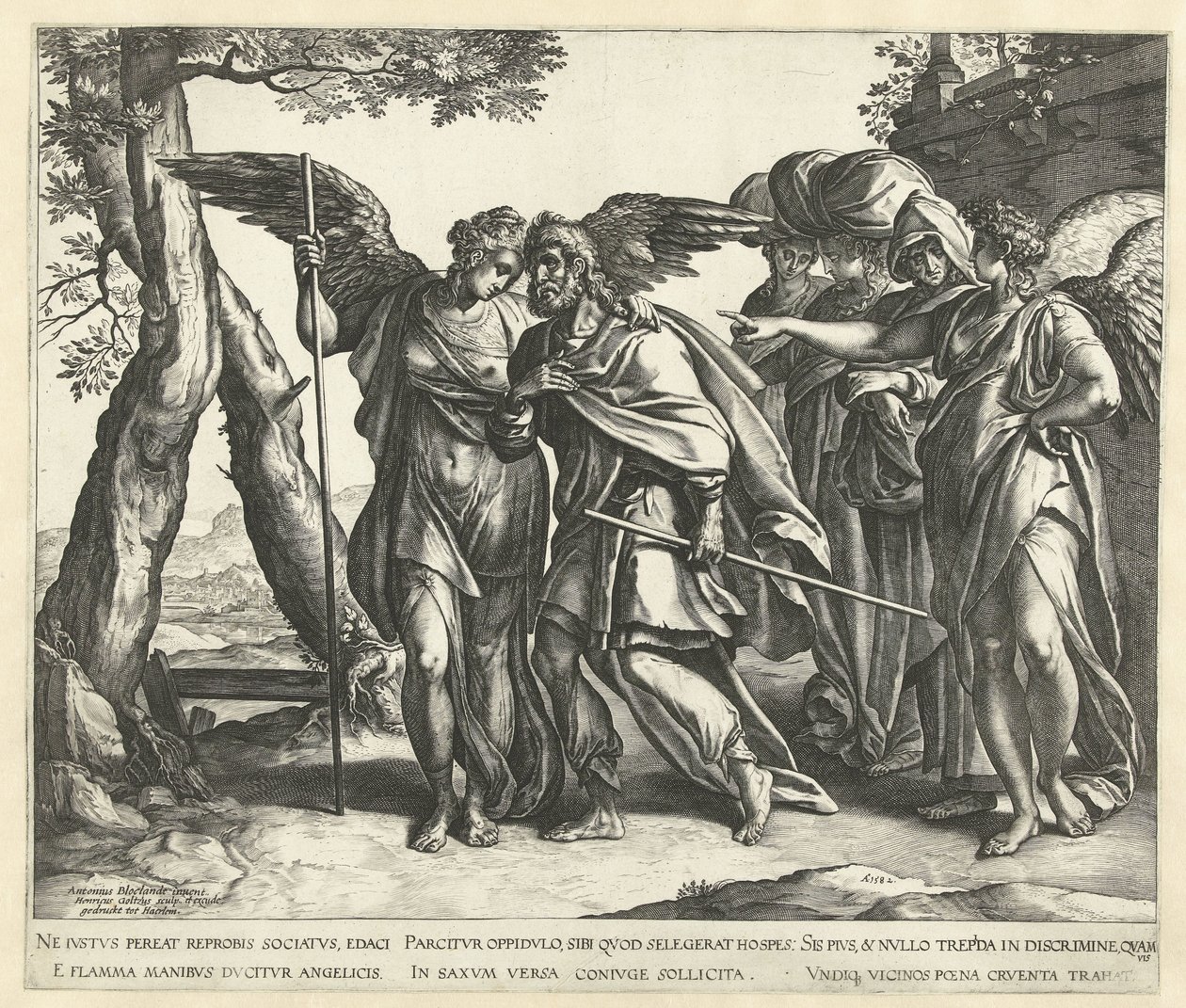 Lot flykter fra Sodoma med sin kone og døtre av Hendrick Goltzius
