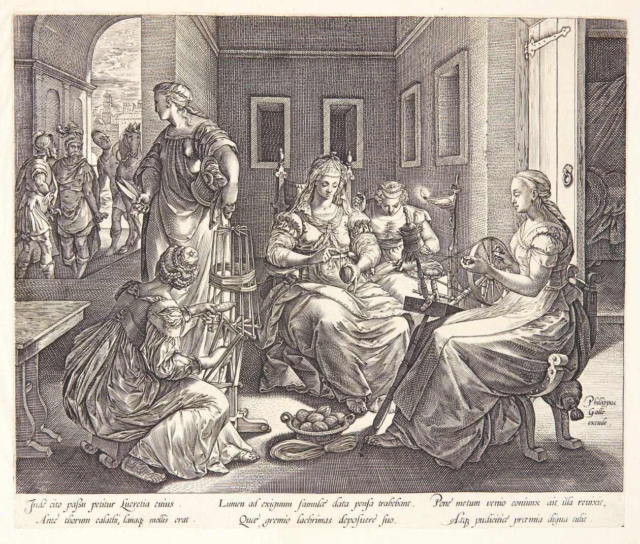 Lucretia spinner med sine hoffdamer av Hendrick Goltzius