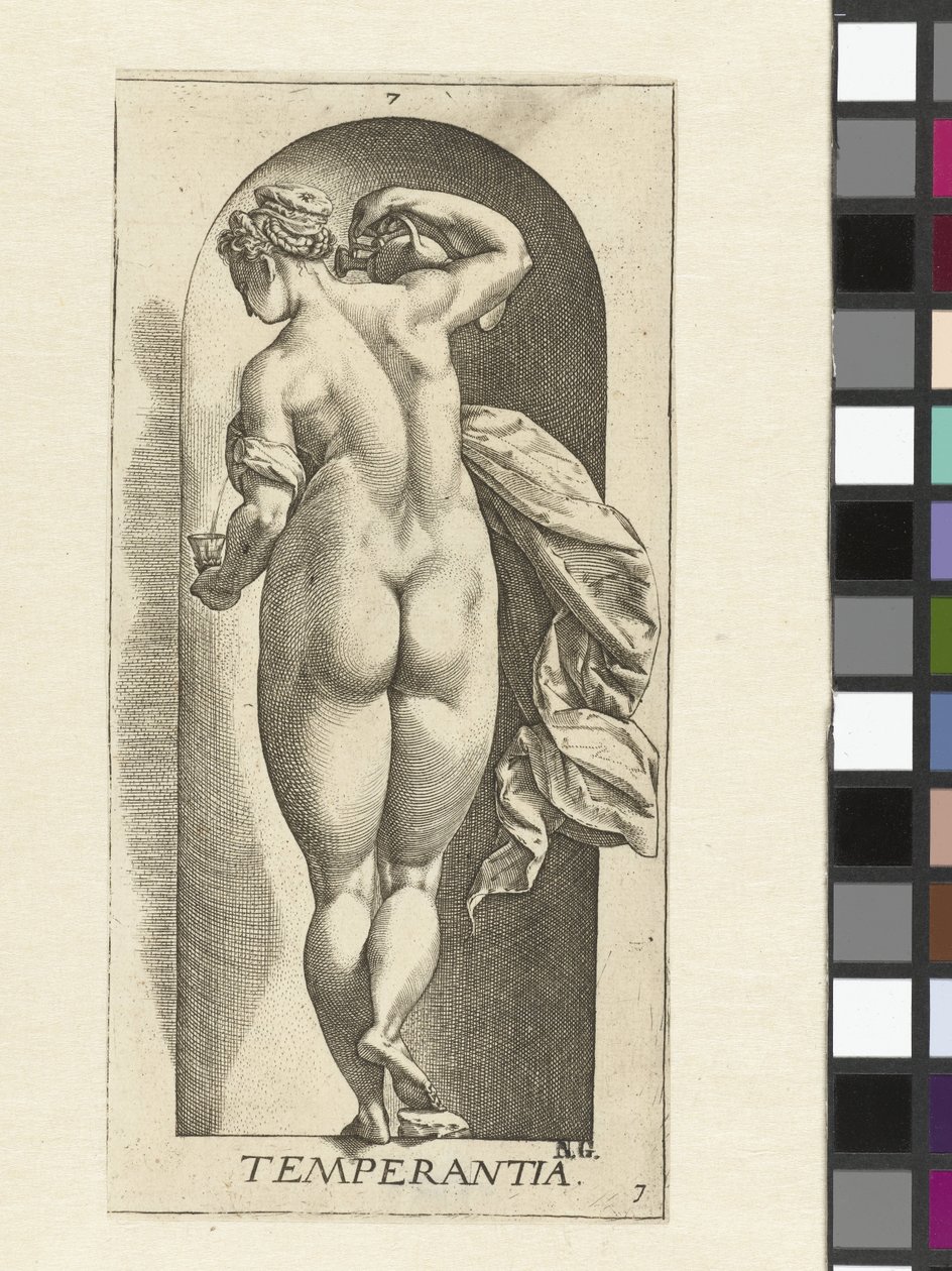 måtehold Temperanse (tittel på objekt) De syv dyder (serietittel) av Hendrick Goltzius
