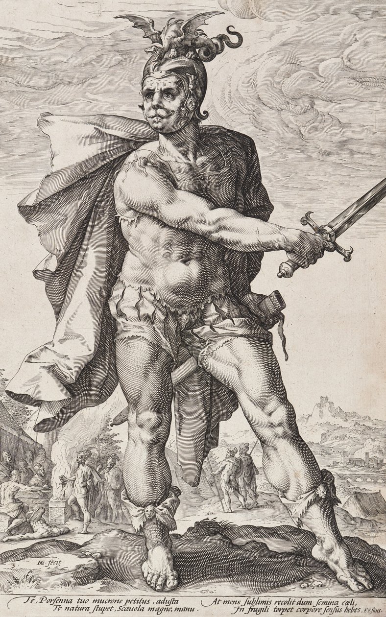 Mucius Scaevola (Romerske helter, plate 3) av Hendrick Goltzius