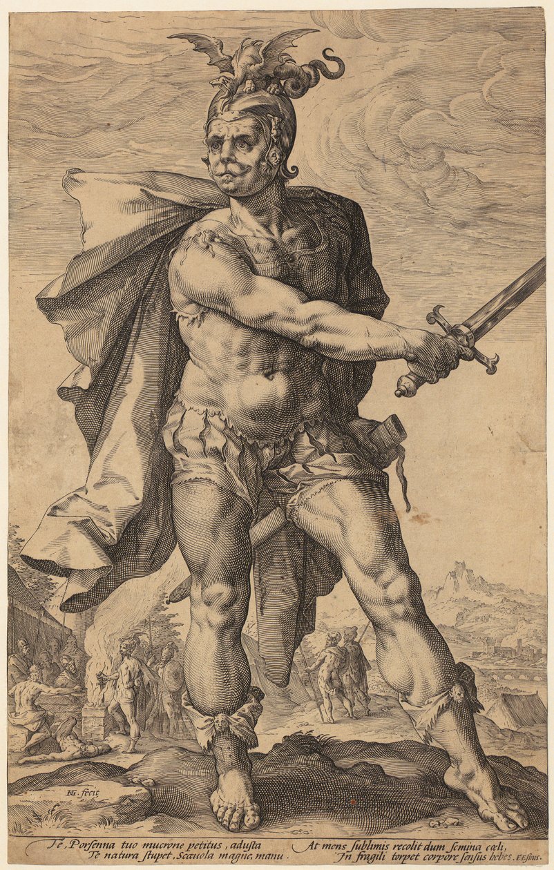 Mucius Scaevola, blad 3 i serien «Romerske helter» av Hendrick Goltzius