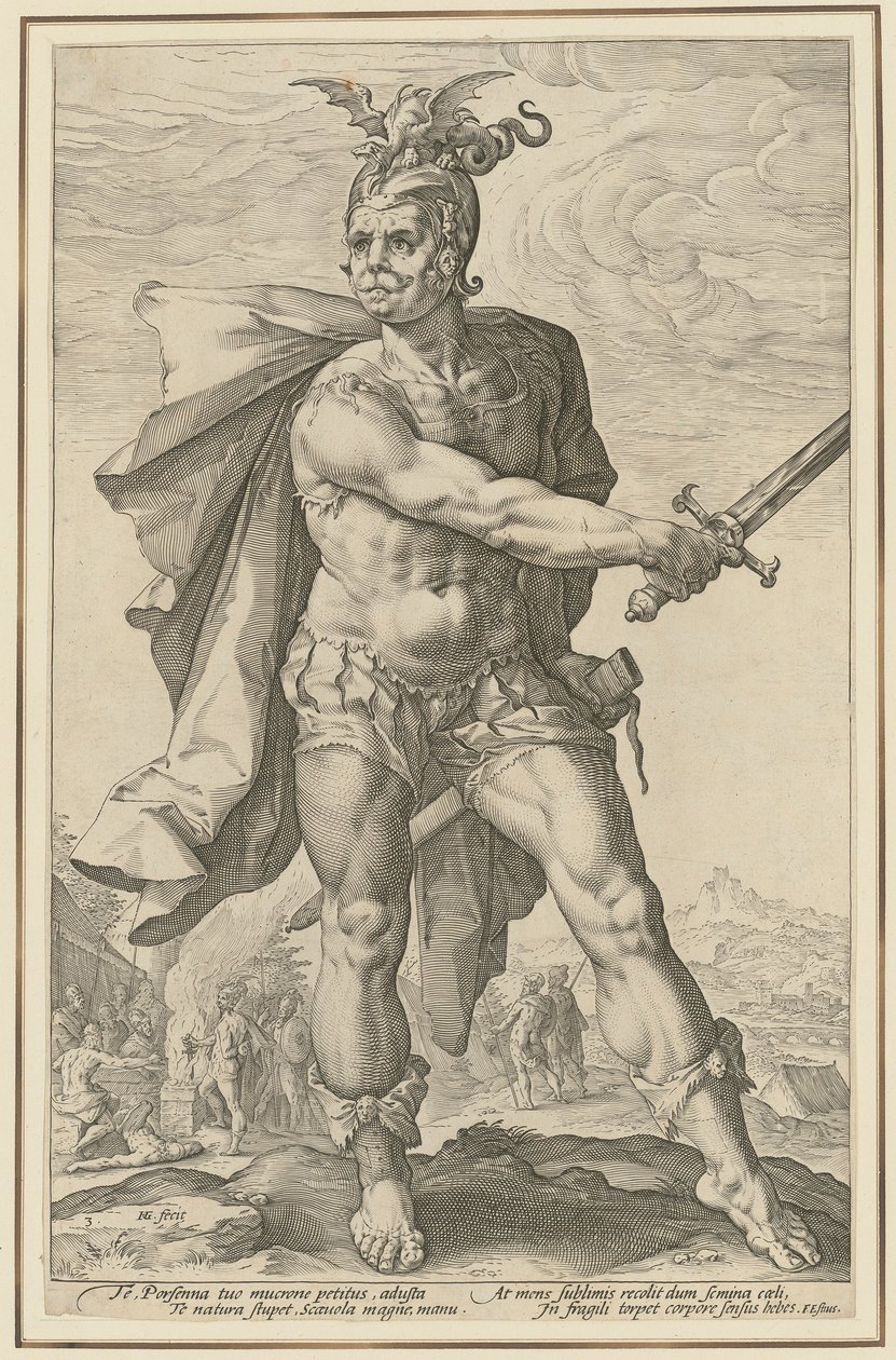 Mucius Scaevola, blad 3 i serien «Romerske helter» av Hendrick Goltzius