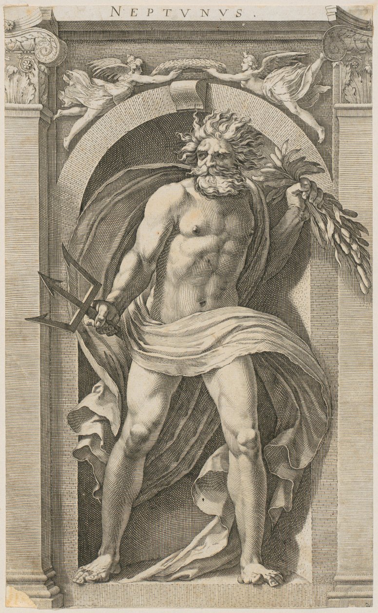 Neptun, side 2 i serien «Åtte antikke guddommer» av Hendrick Goltzius