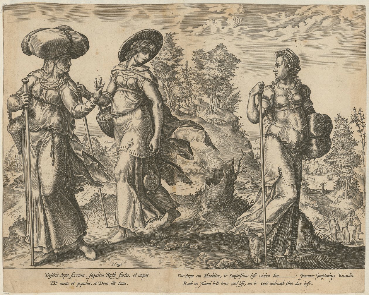 Orpa forlater Rut og Naomi [side 1] og Rut møter Boas på åkeren [side 2], side 1 og 2 i serien «Ruts historie» av Hendrick Goltzius