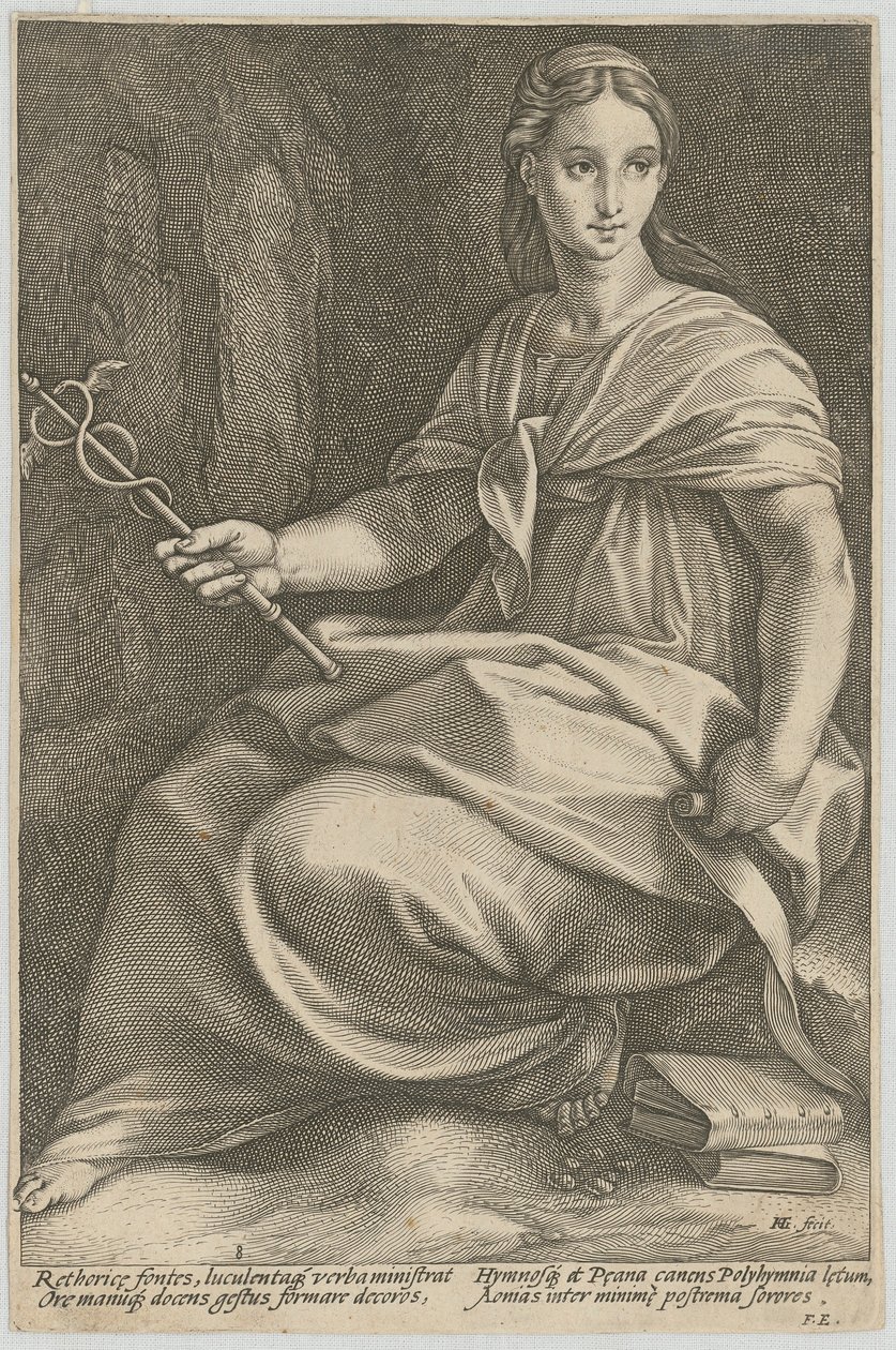 Polyhymnia, blad 8 i serien «Ni muser» av Hendrick Goltzius