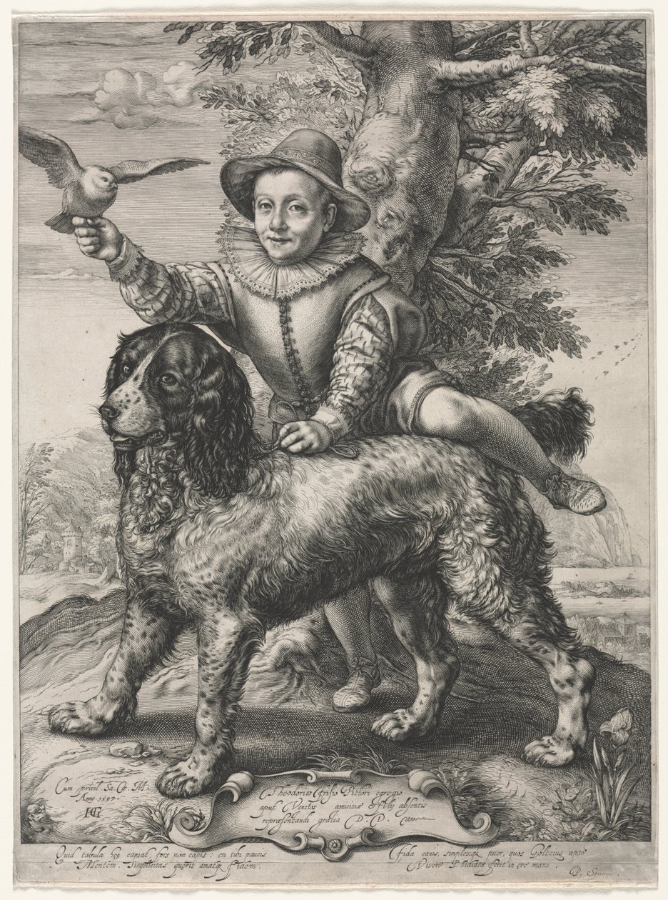 Portrett av Frederick de Vries og hunden hans av Hendrick Goltzius