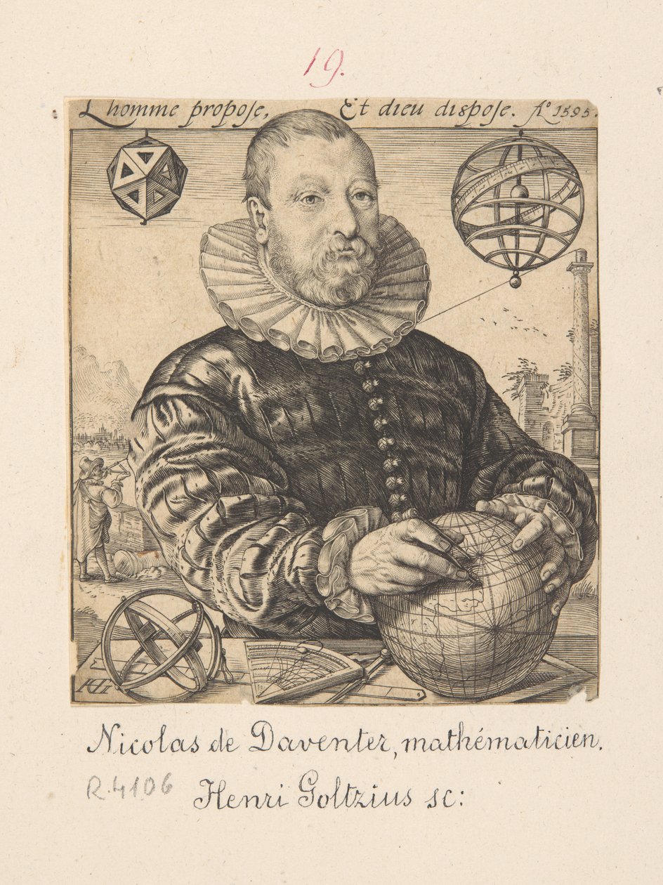 Portrett av Nicolaus Petri Daventriensis, egentlig Claes Pietersz van Deventer, ca. 1540-1602 - matematiker og astronom av Hendrick Goltzius