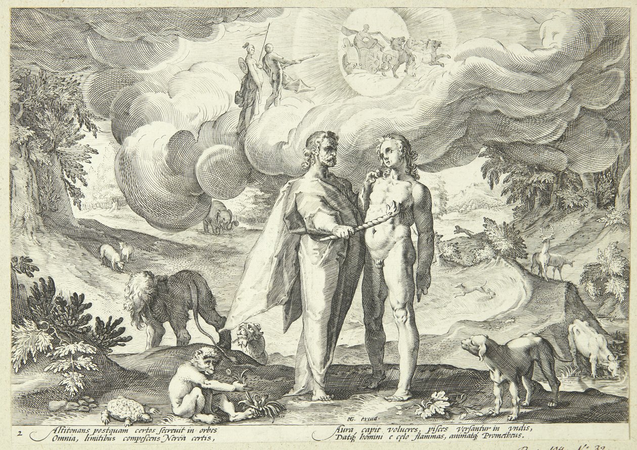 Prometheus skaper mennesket og gir det liv med ild fra himmelen av Hendrick Goltzius