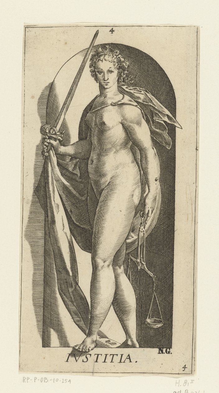 Rettferdighet Iustitia (tittel på objekt) De syv dyder (serietittel) av Hendrick Goltzius