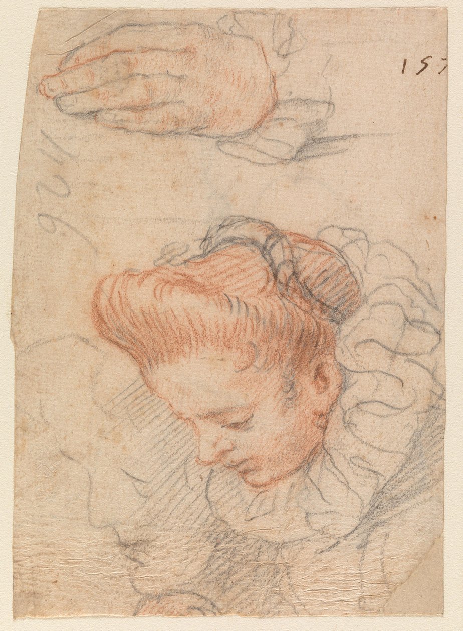 Skisseark med kvinnehode og hånd av Hendrick Goltzius