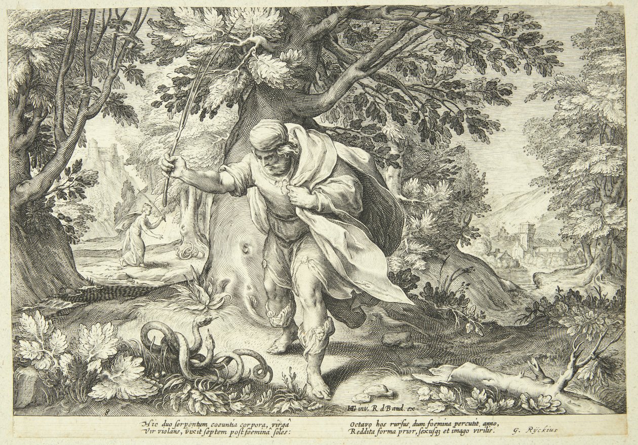 Teiresias slår to parrende slanger med staven sin av Hendrick Goltzius
