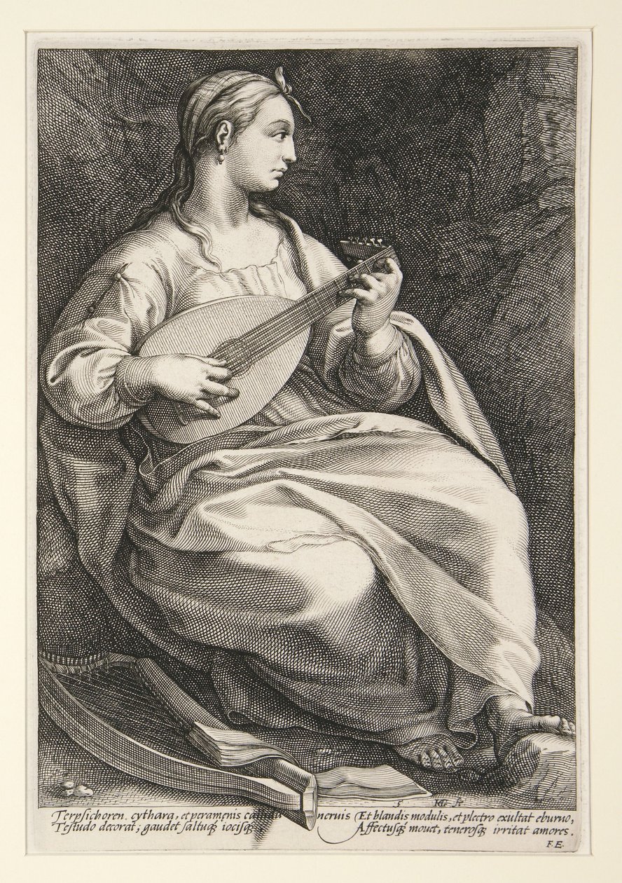 Terpsichore, plate 5 fra serien «De ni musene» av Hendrick Goltzius