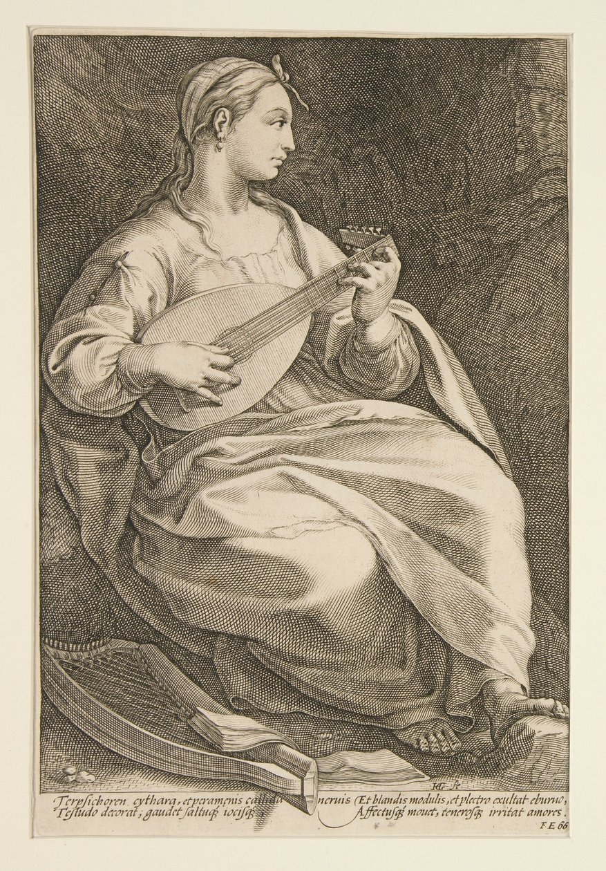 Terpsikhore, blad 5 fra serien De ni musene av Hendrick Goltzius