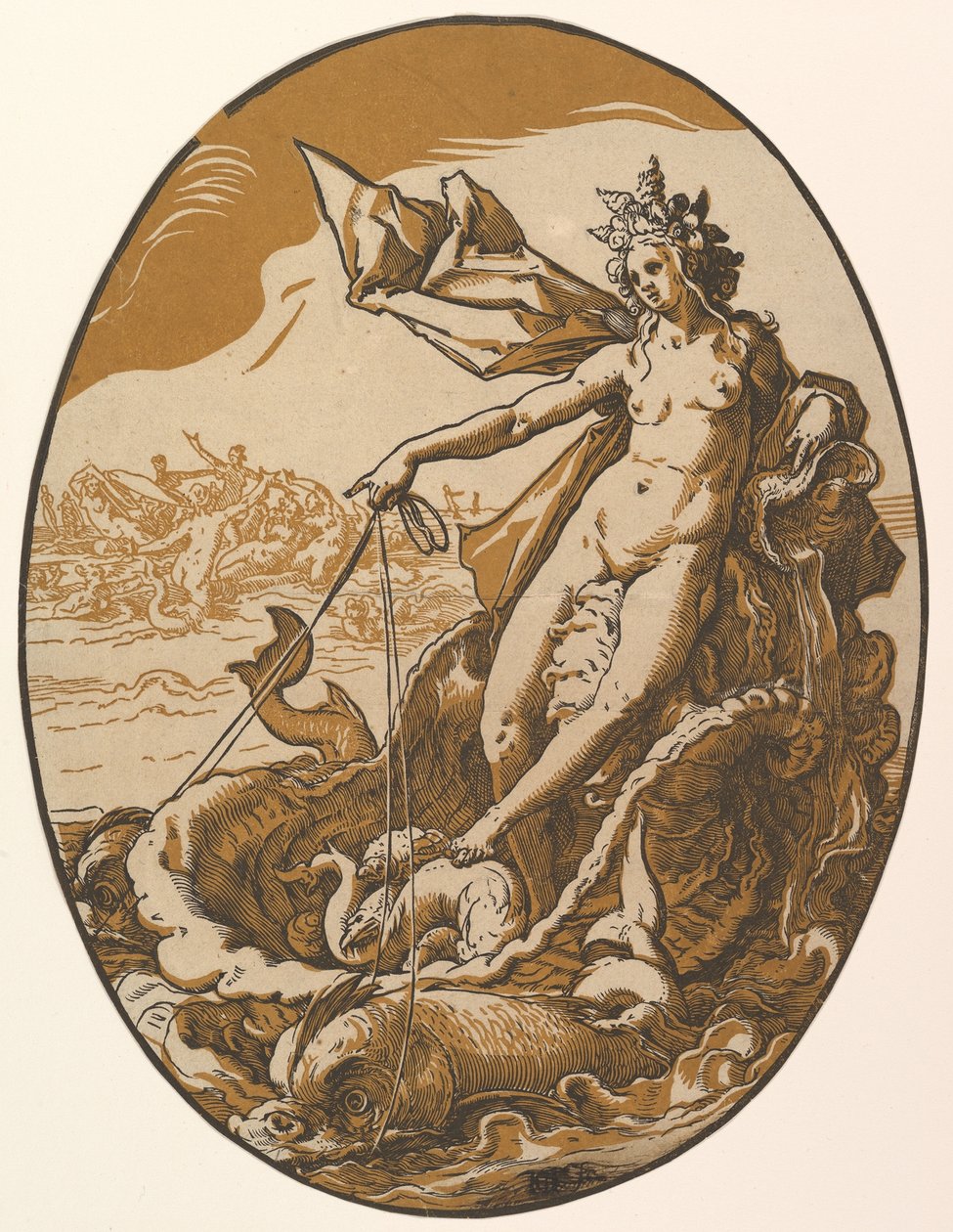 Tethys hvilende i en kjempestor muslingvogn trukket av to havskapninger, fra «Guddommene» av Hendrick Goltzius
