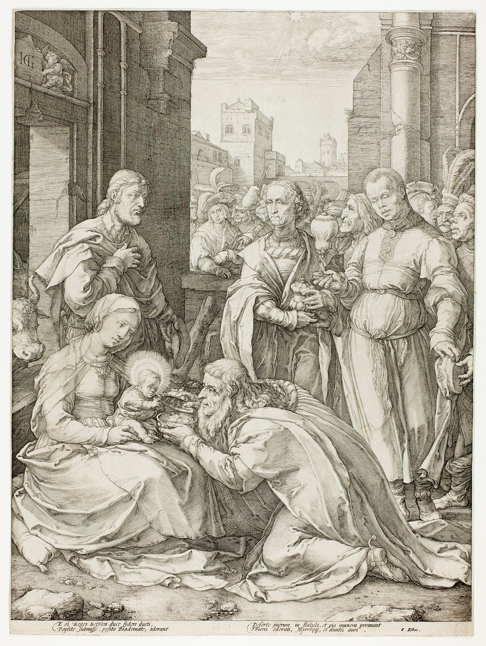 The Adoration of the Magi, plate fem fra The Birth and Early Life of Christ av Hendrick Goltzius