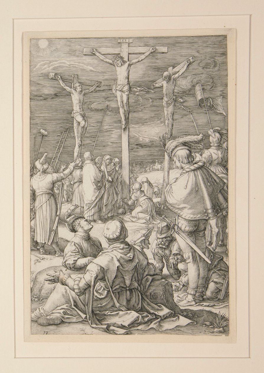 The Crucifixion (Christ on the Cross), fra The Passion, #10 i en serie med 12 graveringer av Hendrick Goltzius