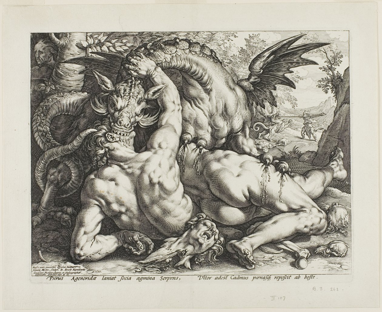 Dragen som sluker følgesvennene til Cadmus av Hendrick Goltzius