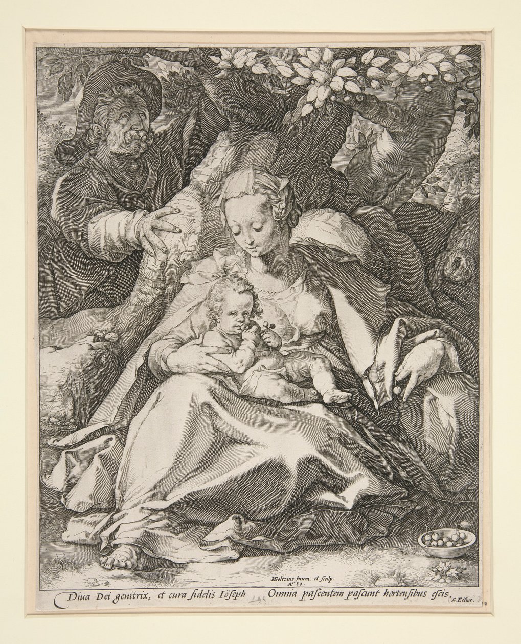 Den hellige familie under kirsebærtreet/ Hvil på flyturen til Egypt under et kirsebærtre av Hendrick Goltzius