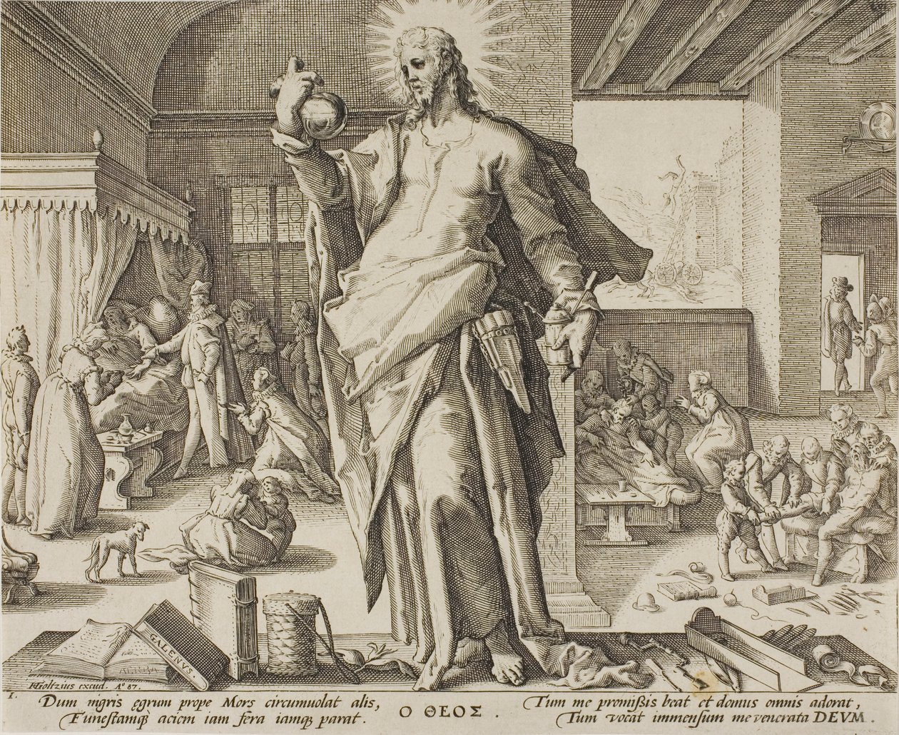 Legen betraktet som Gud, plate en fra Allegories of the Medical Profession. av Hendrick Goltzius