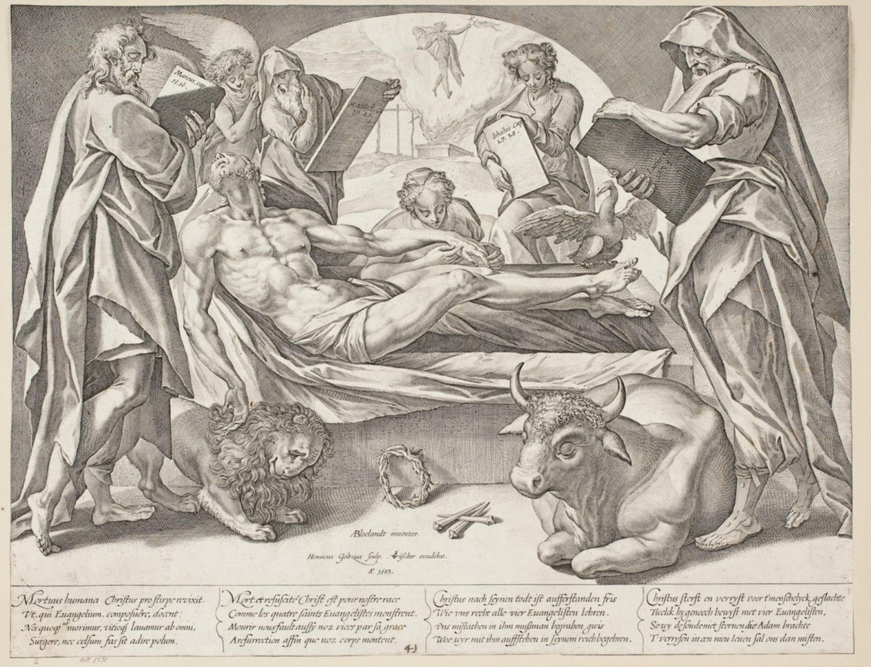 Den døde Kristus og de fire evangelisten av Hendrick Goltzius