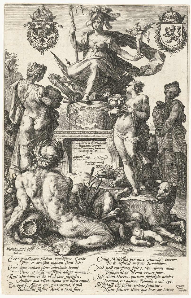 Titteltrykk for trykkserie De romerske heltene Roma (tittel på objekt) The Roman Heroes (serietittel) av Hendrick Goltzius