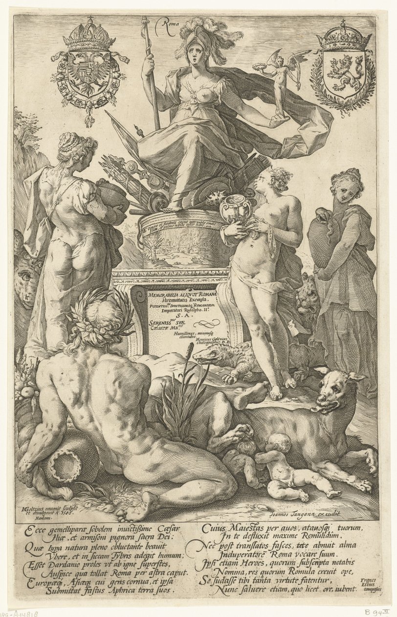 Titteltrykk for trykkserie De romerske heltene Roma (tittel på objekt) The Roman Heroes (serietittel) av Hendrick Goltzius