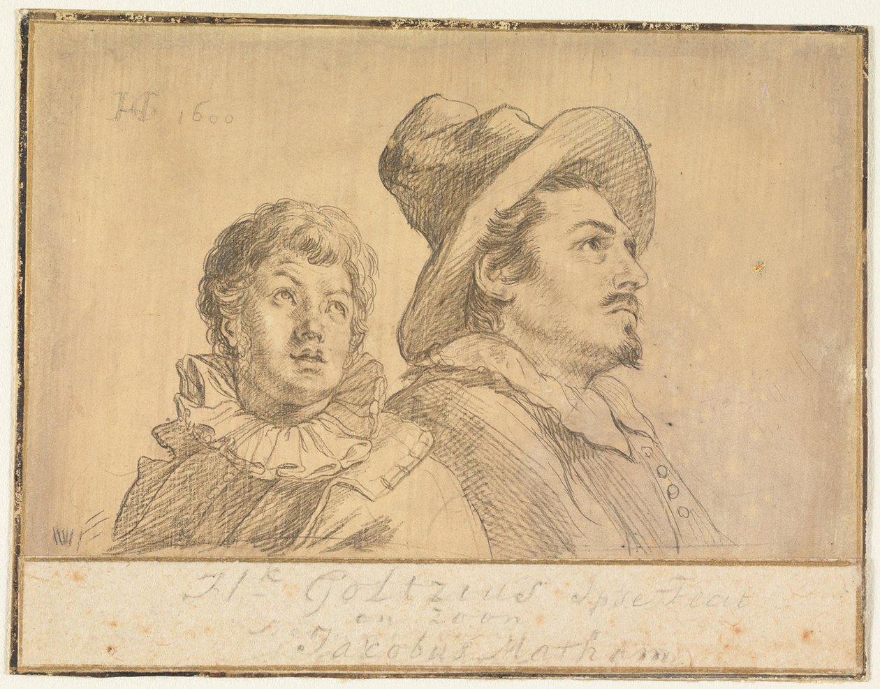 To menn, muligens Jan Matthijs Ban og Philips van Winghe (forsiden). En gutt med hatt, avbildet fra livet og oppover. I armene holder han en død gammel mann (baksiden) av Hendrick Goltzius