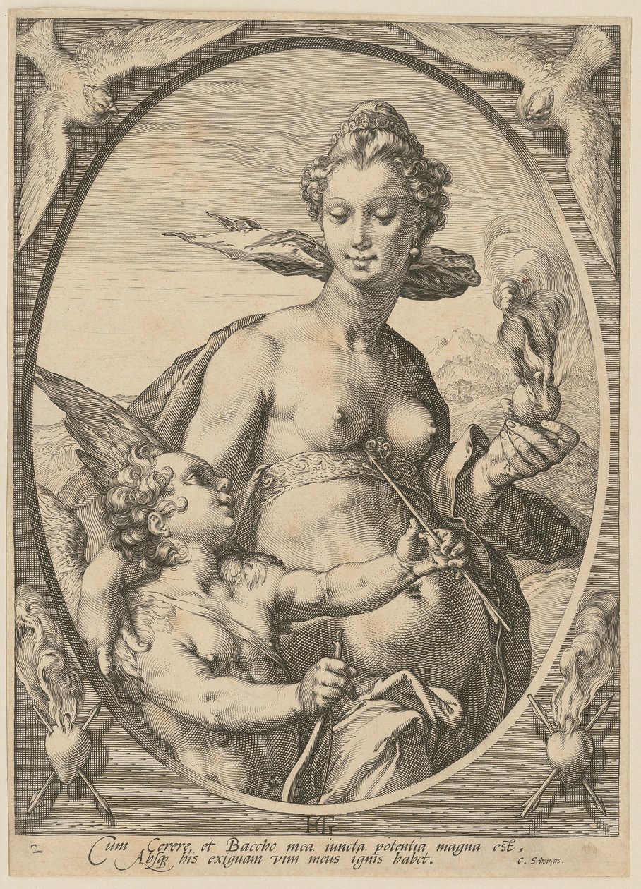 Venus og Amor, blad 2 i serien «Bacchus, Venus og Ceres» av Hendrick Goltzius