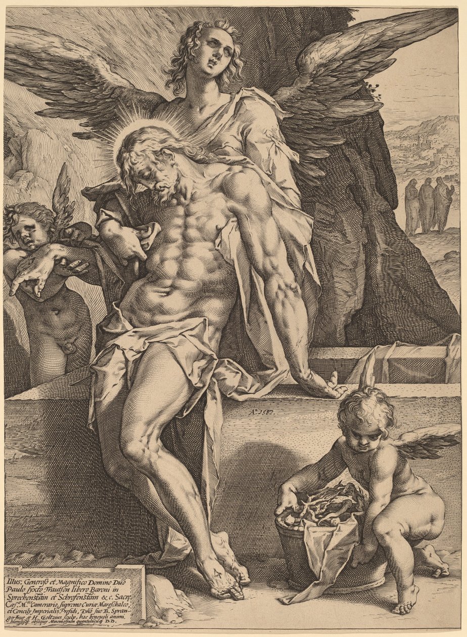 Kristi legeme støttet av engler av Hendrick Goltzius, after Bartholomaeus Spranger