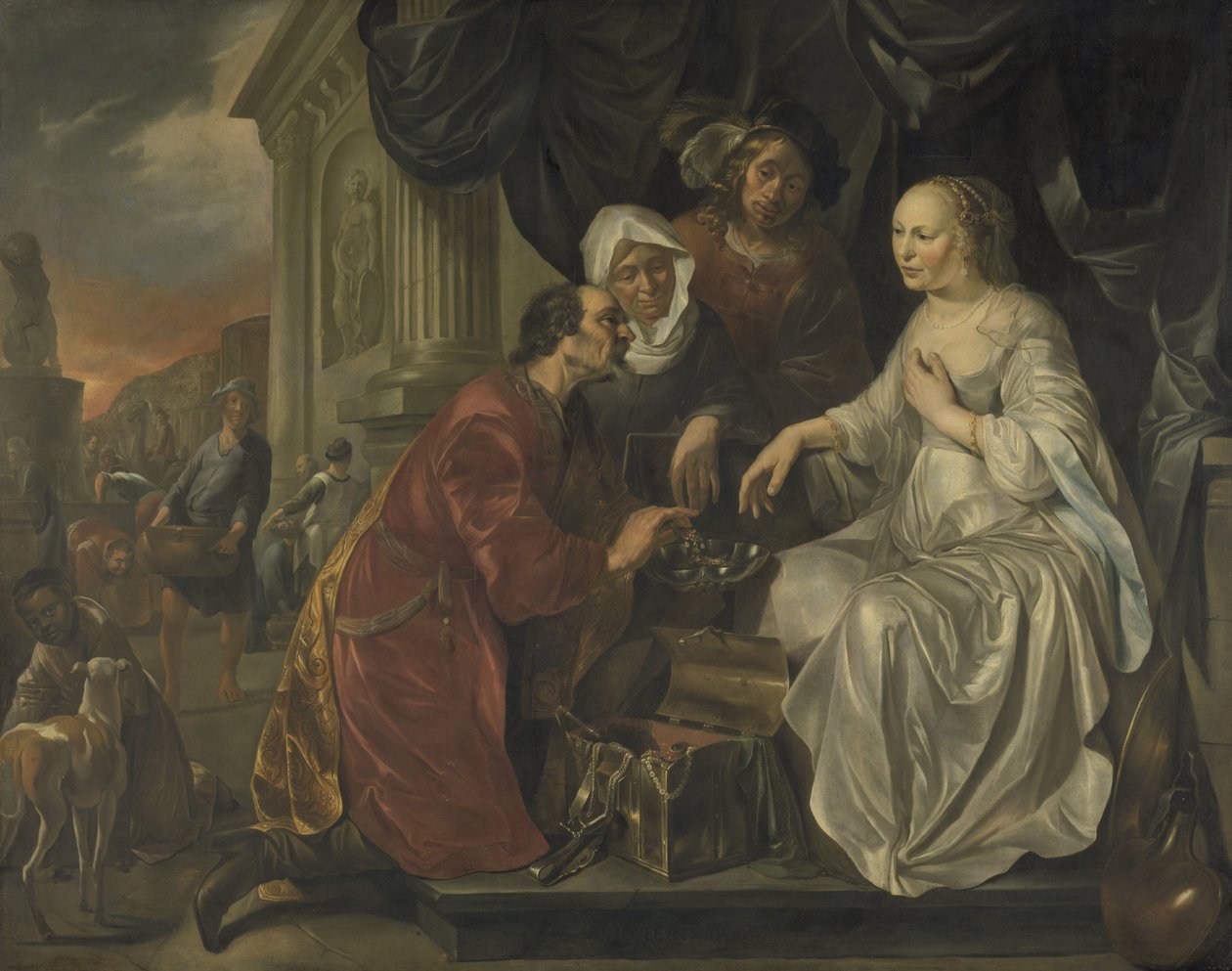 Rebecca mottar gaver fra Abrahams tjener av Hendrick Heerschop