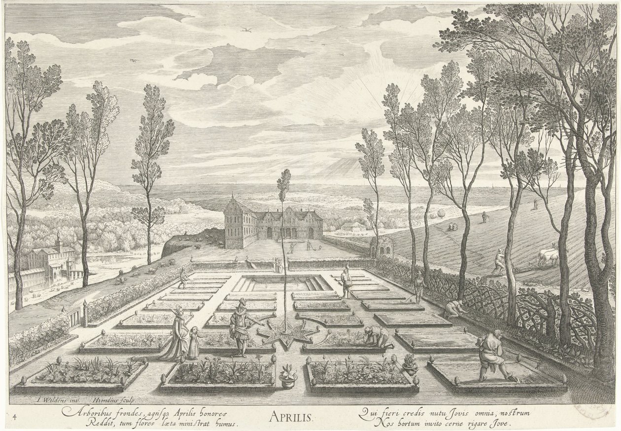april, med et selskap i en hage Aprilis (tittel på objekt) De tolv månedene (serietittel) av Hendrick Hondius (I)
