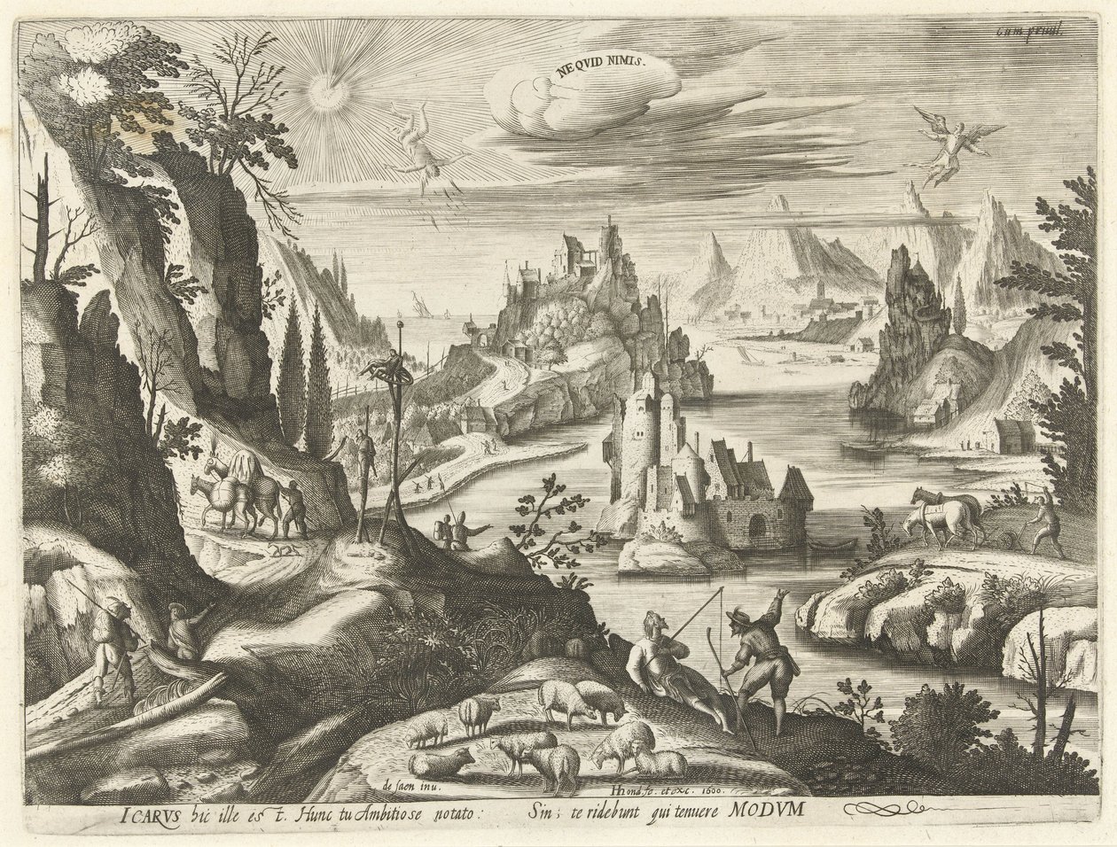 Landskap med Ikaros fall Ne quid nimis (tittel på objekt) av Hendrick Hondius (I)
