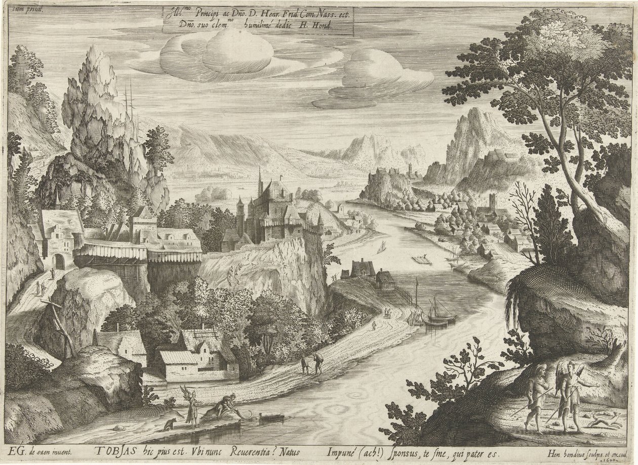Tobias og engelen fanger fisken i Tigris av Hendrick Hondius (I)